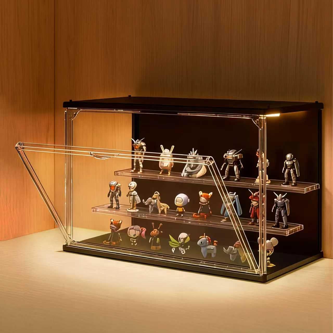 VERSSURE Clear Display Case for Collectibles, 3-Tier Stackable LED Figure Display Case with Magnetic Door, Adjustable Showcase for Models, Miniatures, Jewly (Black, 8.8“H-1PC)