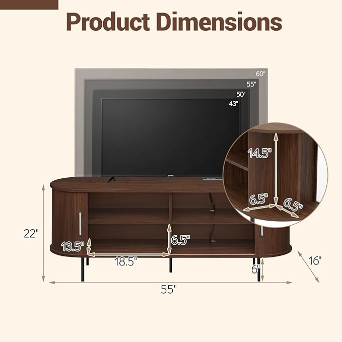 Tangkula Fluted TV Stand for TVs up to 60”, Mid Century Curved Entertainment