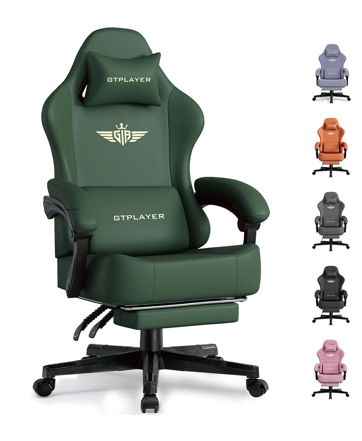 GTPLAYER Gaming Chair with Pocket Spring Cushion, Big and Tall Gamings Chairs 350LBS High Back Computer Chair with Footrest for Adults Lumbar Support Swivel Game Chair for Office, Leather Green