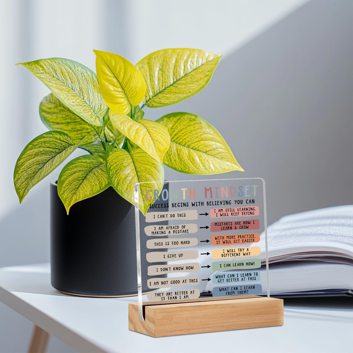 Growth Mindset Table Desk Decors, Positive Affirmations Acrylic Sign, Inspirational Gifts for Women, Counseling Room Therapy Office Home Classroom Bedroom Decor