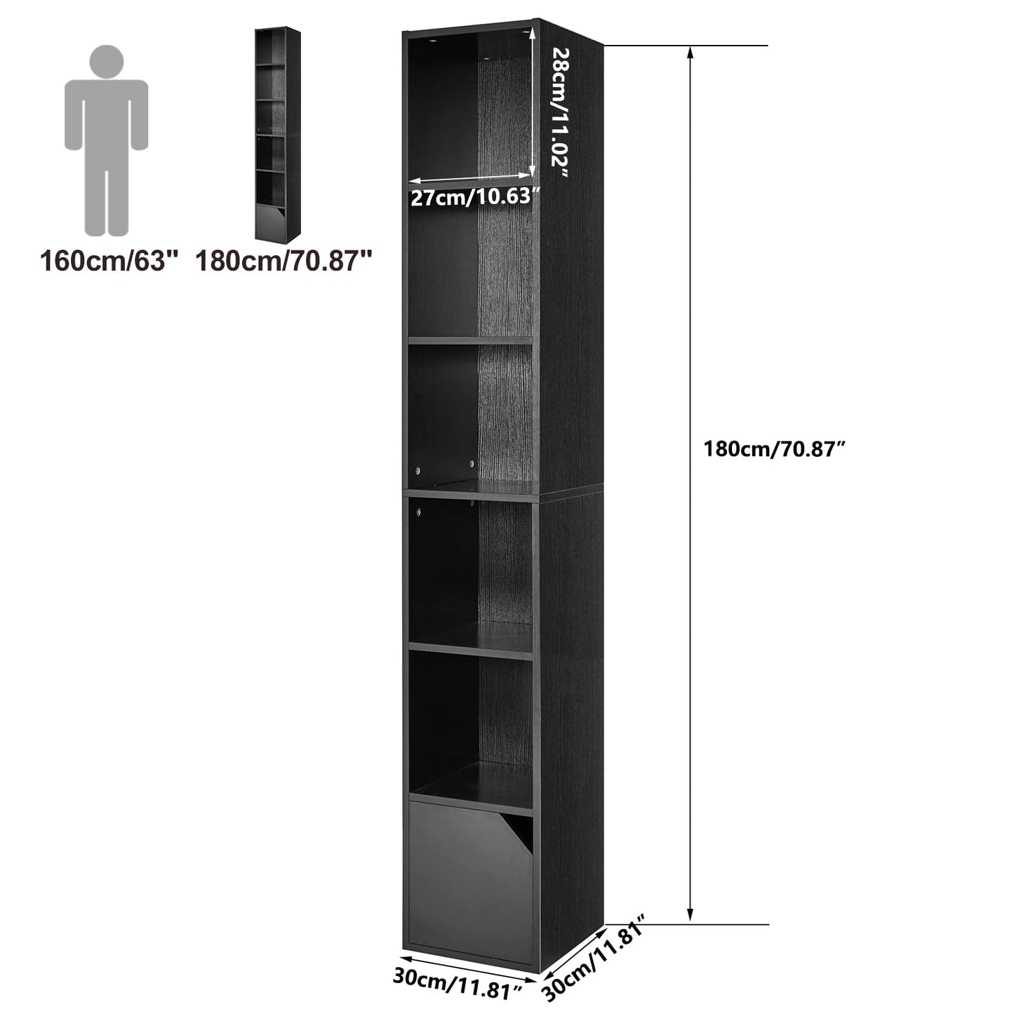 IBUYKE 6 Tier Narrow Bookcase with Doors, Cube CD DVD Storage Cabinet,Slim Media Tower Rack,Cabinet,Black Bookcase Display Storage Shelves for Small Spaces,for Home Office Black UWBC001B