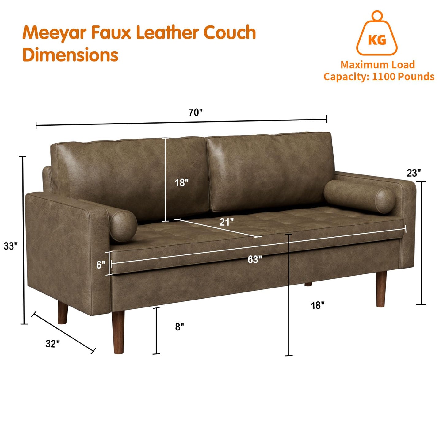 Meeyar 70" Mid-Century Modern Sofa Couch – Faux Leather Loveseat Sofa with Deep Seat & Solid Wood Frame – Includes 2 Accent Pillows –Dark Brown Living Room Bedroom Office