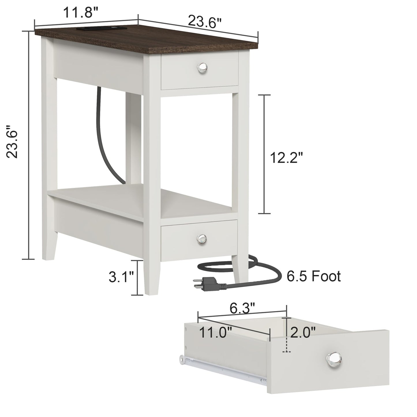 Treocho Farmhouse End Tables Living Room Set of 2, Narrow Side Table with Charging Station, Soft White Table Bedside Sofa for Small Spaces, Living Room, Bedroom