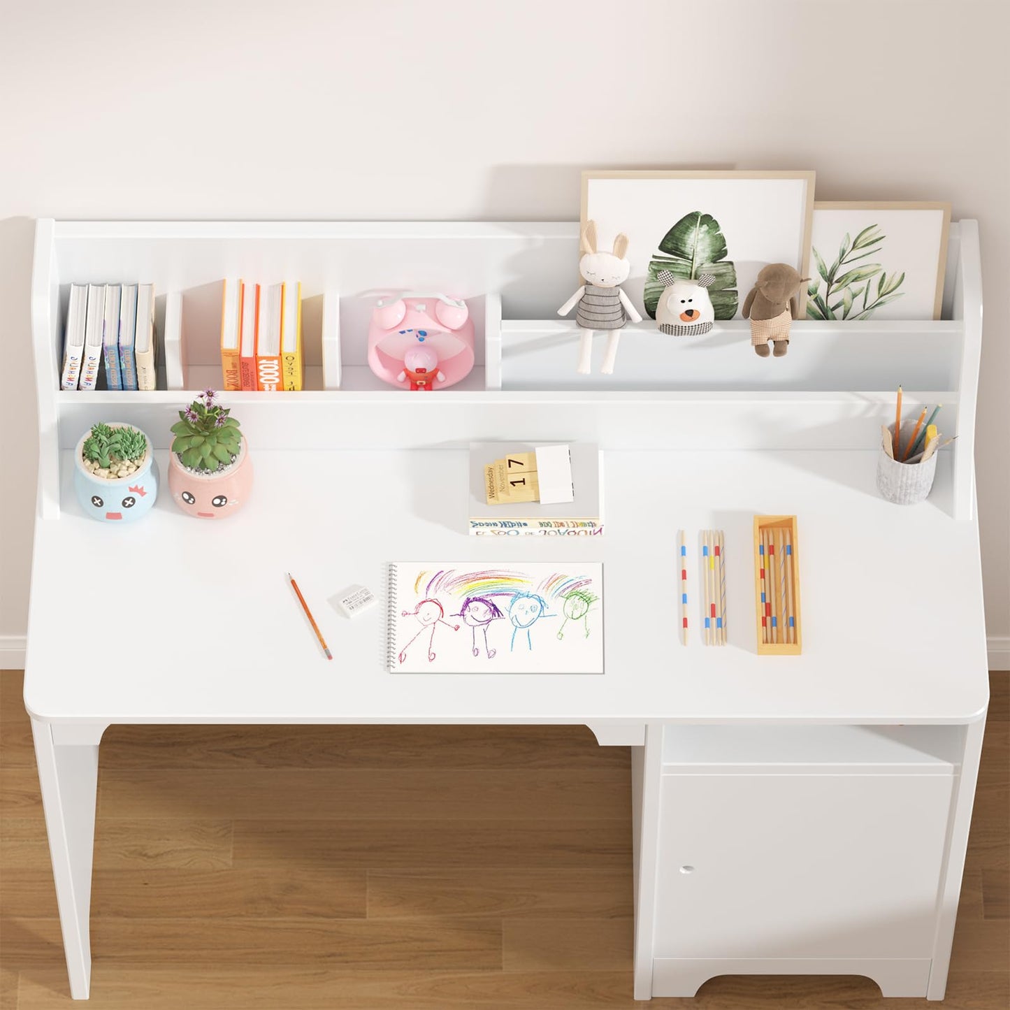 Garvee Kids Study Desk with Chair,Wooden Children Study Table with Hutch and Storage Cabinet for Boys Girls 3-12 Year Old, Student Writing Desk Computer Workstation for Kids Bedroom