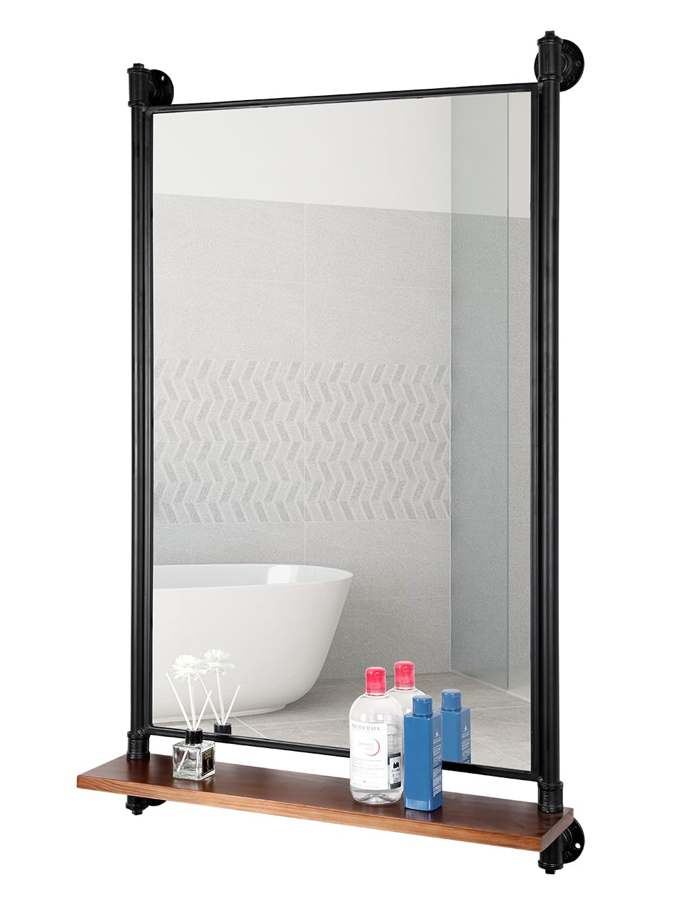 OLDRAINBOW Industrial Pipe Mirror Wood Shelves,Bedroom Mirror with Shelf,Rectangle Iron Wall Mirrors for Living Room Bedroom(34.6 x 23.6 in)