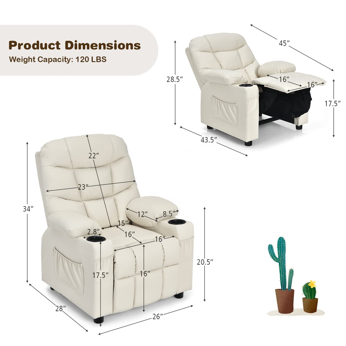 Costzon Kids Recliner Chair with Cup Holder, Adjustable Lounge Chair w/Footrest & Side Pockets for Children Boys Girls Room, Ergonomic Toddler Furniture Sofa, Kids Recliner (Beige)
