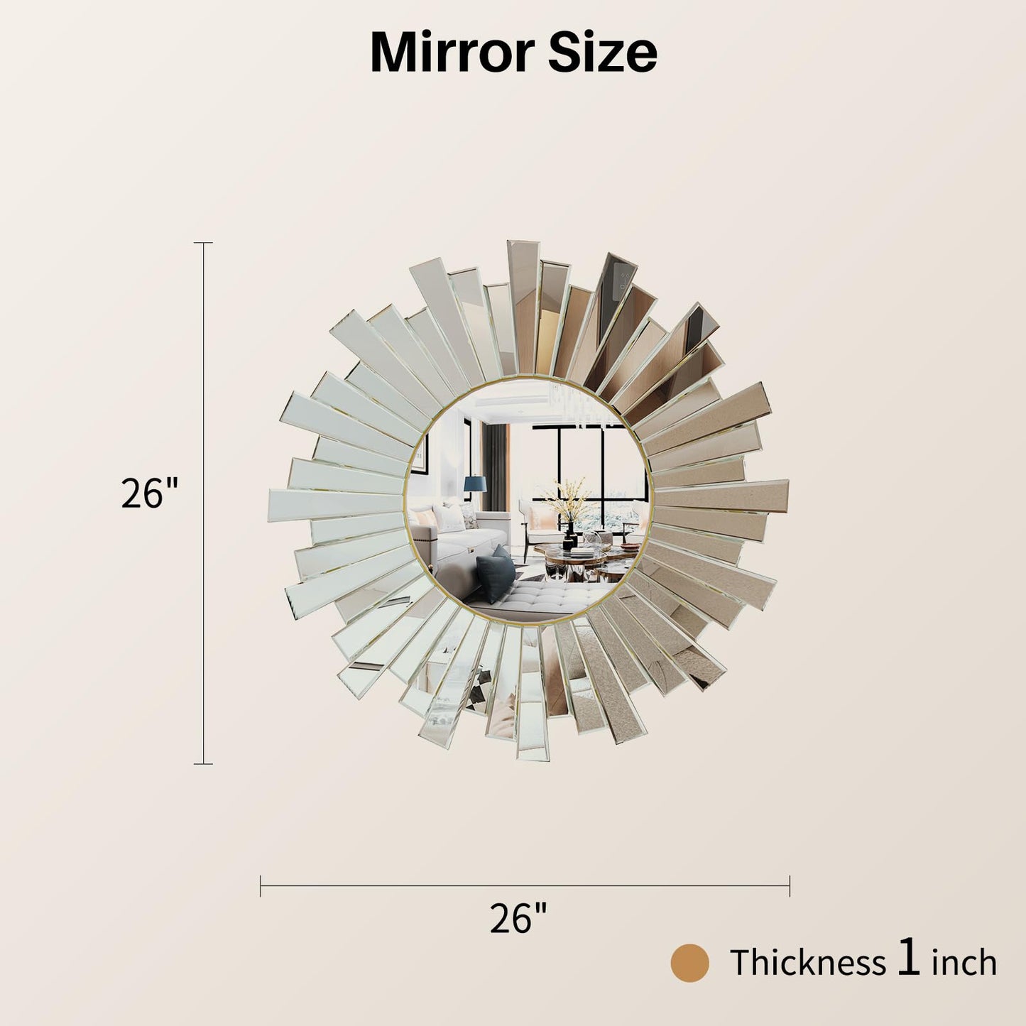 MYOTA Silver Sunburst Wall Mirror, 26" Decorative Round Accent Mirror with Beveled Mirrored Frame, Modern Glam Luxury Wall Decor for Living Room, Bedroom, Entryway, Dining Room and Fireplace