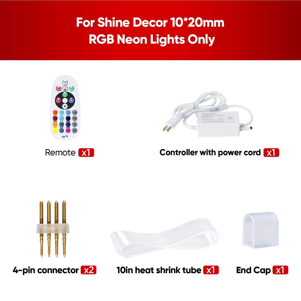 Shine Decor Controller with Remote, Power Supply for 10mm W x 20mm H LED RGB Neon Rope Lights Only