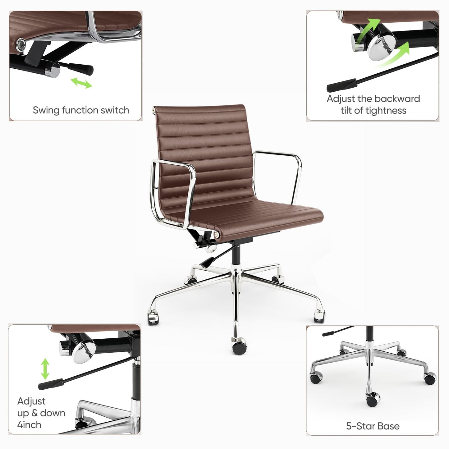 OTDMEL Ribbed Office Chair with Top Grain Leather - Mid Back Ergonomic Desk Chair with Aluminum Arm Rest and 5-Star Base, Swivel Chair Brown