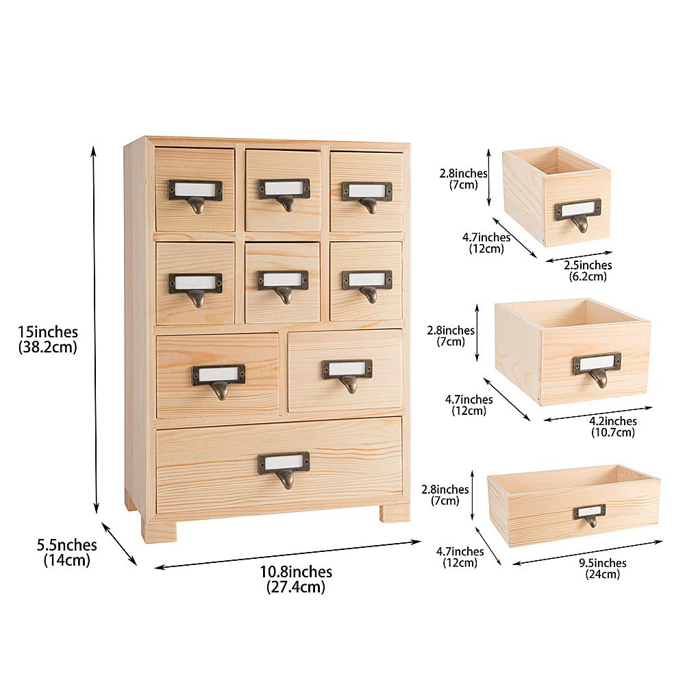 PACKGILO Apothecary Cabinet with 9 Drawers & Labels Rustic Library Card Catalog Cabinet Desktop Wooden Storage Box for Organize Herbal、Tea Bag、Jewelry (Wood)