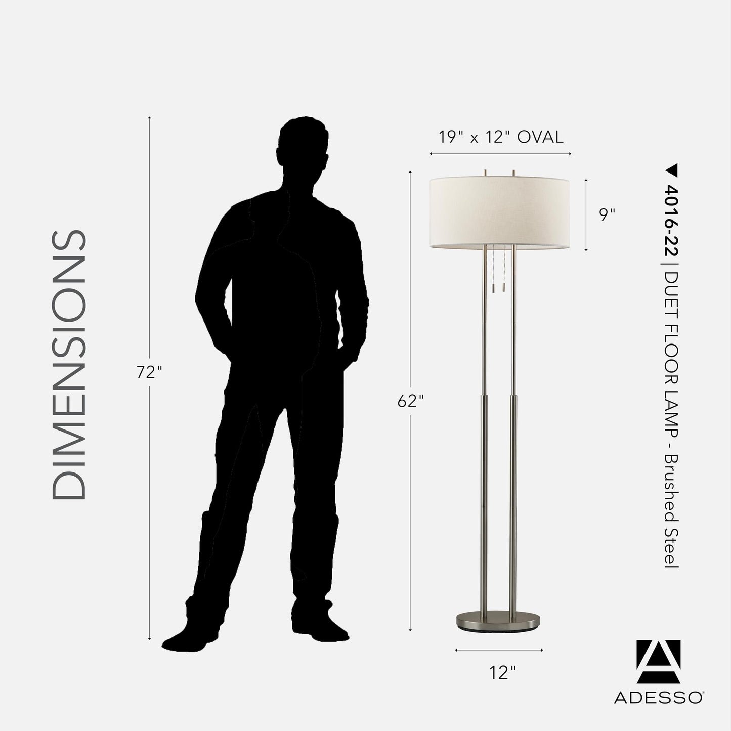 Adesso Brushed Steel Floor Lamp with Ivory Fabric Shade – Dual Pull Chain, Double Socket Design Accent Light for Bedroom, Living Room, or Home Office, 62” Tall