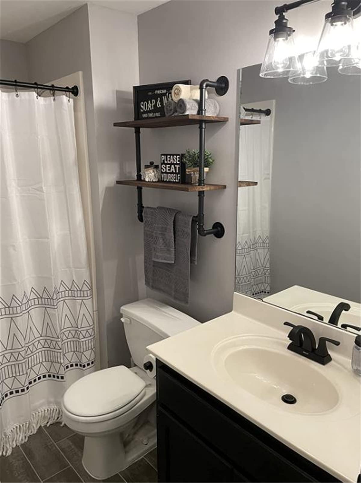 LooftMate Industrial Pipe Shelf,2 Tiered Metal Towel Racks for Bathroom,20" Industrial Pipe Floating Shelves Shelving,Rustic Wood Wall Mount Shelf with Bar,Iron Towel Holder