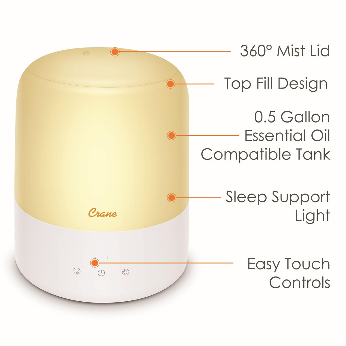 Crane Top Fill Mini Humidifier for Bedroom and Nursery 3-In-1 Essential Oil Diffuser Sleep Light 0.5 Gallon Baby Humidifier