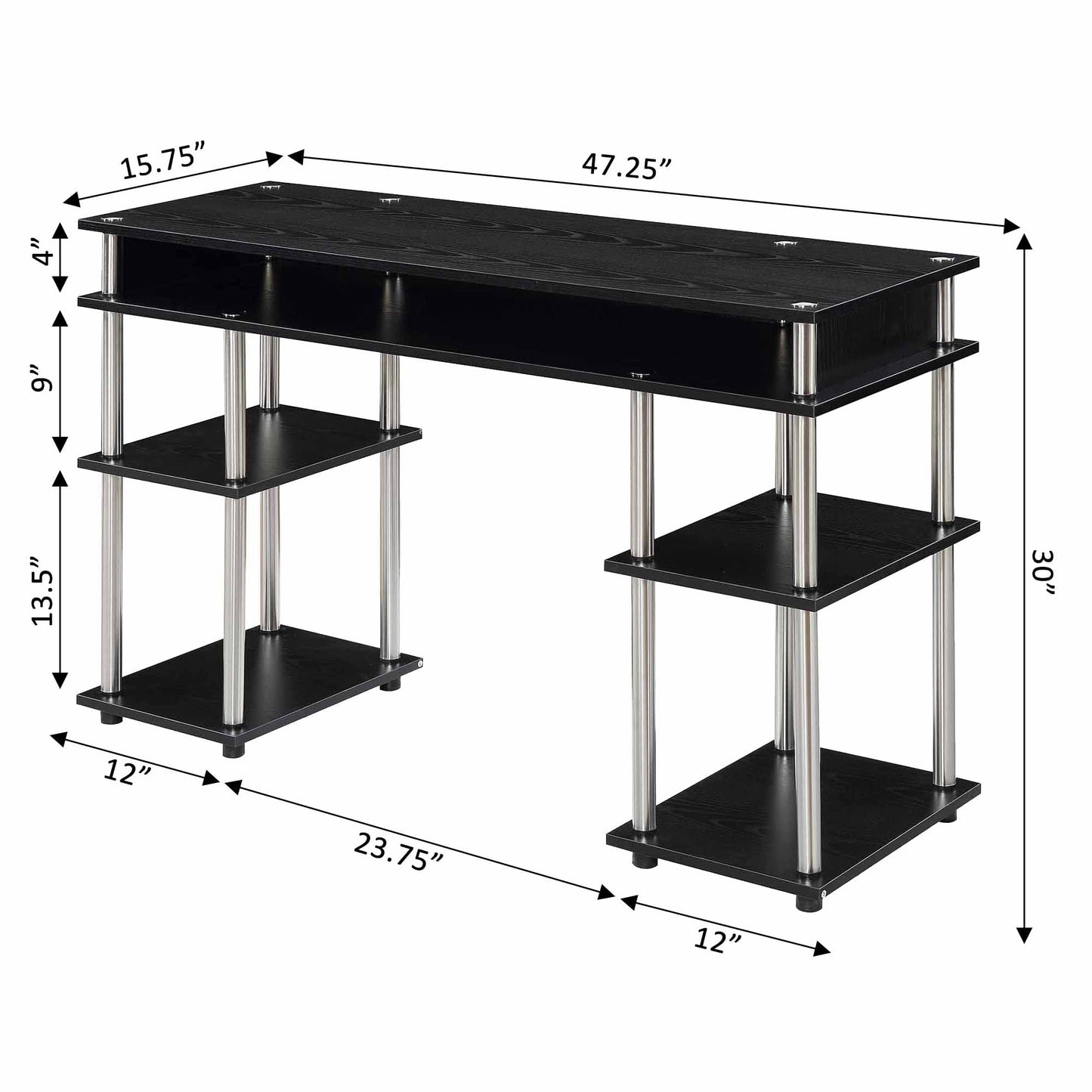 Convenience Concepts Designs2Go No Tools Student Desk 47.25" - Contemporary Office, Dorm Room Desk and Vanity with Storage Shelves, Black