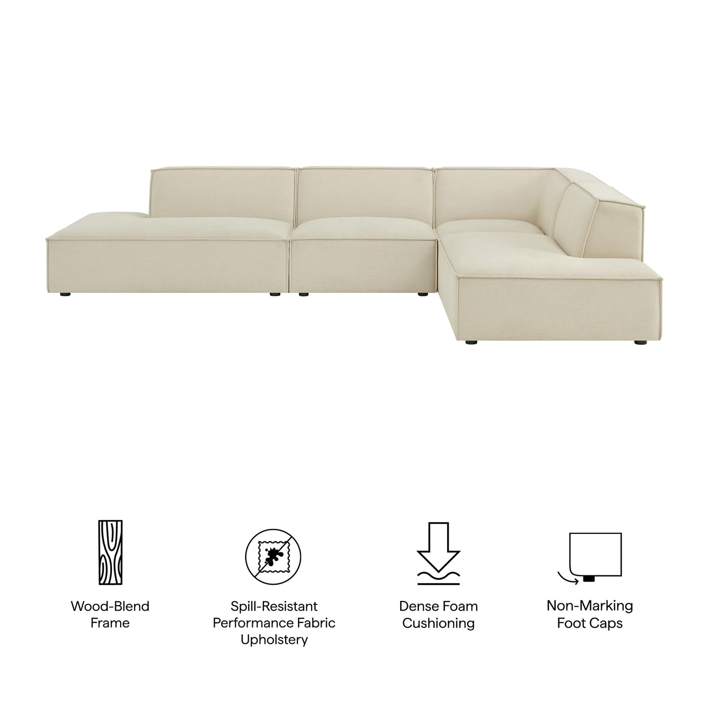 Modway Restore Performance Fabric Upholstered 4-Piece Modular L-Shaped Armless Sectional Sofa in Ecru – Low Profile Couch with Coil Seat Support and French Piping