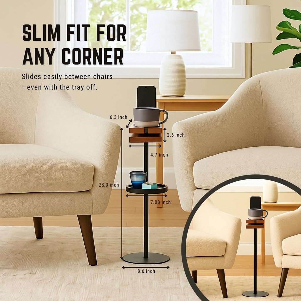 Bambrythm Drink Table for Small Spaces - Slim Pedestal Side Table with Real Wood Top & Stable Base for Coffee & Cocktails - Ideal for Tight Living Room & Bedroom Spaces (Sapele)