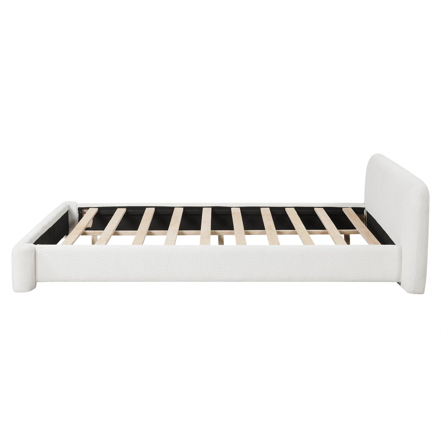 KOYVRY Boucle Bed Frame - Upholstered Platform Bed with Curved Headboard and Rounded Corners, Minimalist Bed Frame with 10 Wooden Slats and 3 Central Support Legs, No Box Spring Needed, White (Queen)