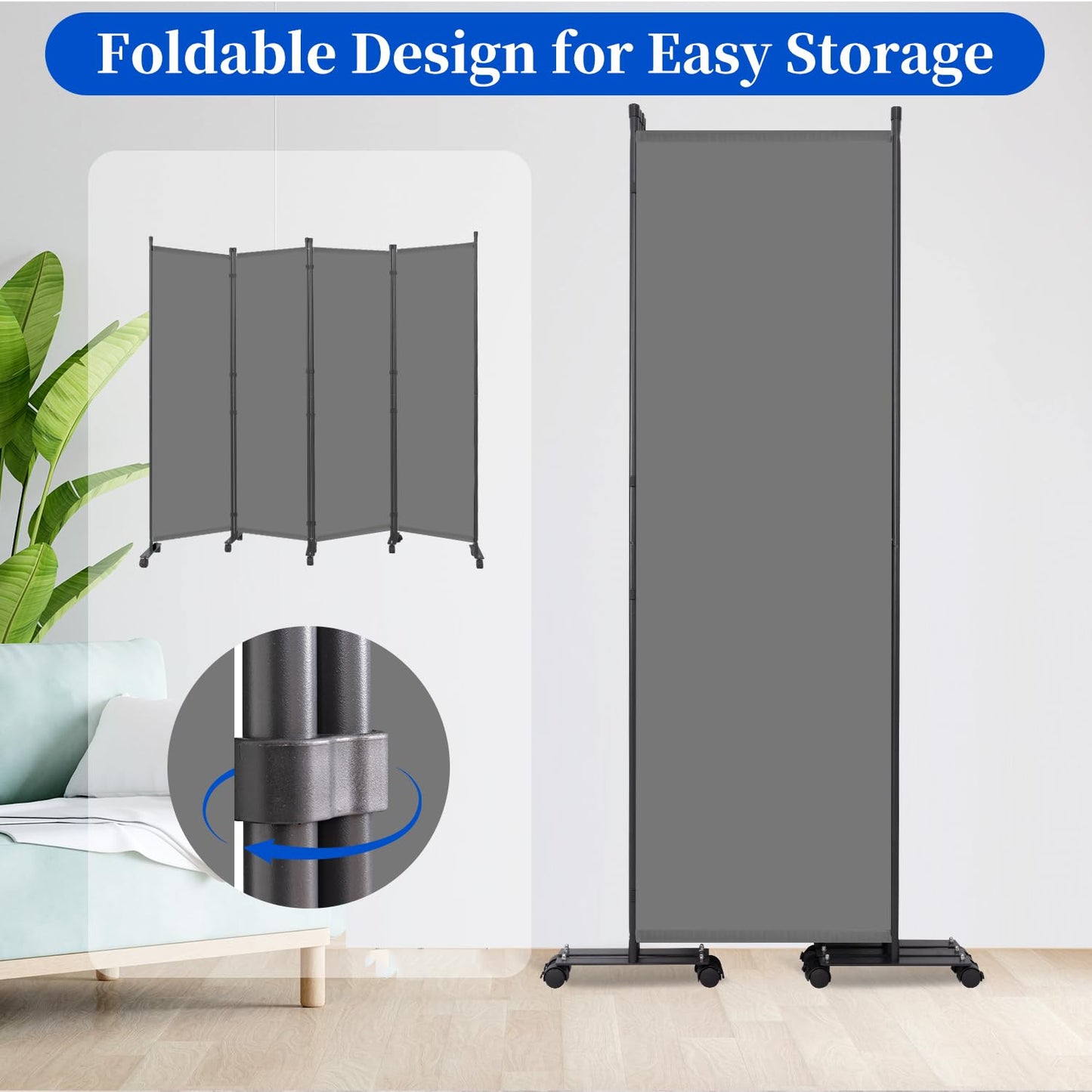 Room Divider 6FT Room Partition with Lockable Wheels, (Thicked Metal Base) Room Dividers, Freestanding Indoor Folding Privacy Screens, Portable Fabric Wall Divider for (Grey, 88"- 4 Panel)
