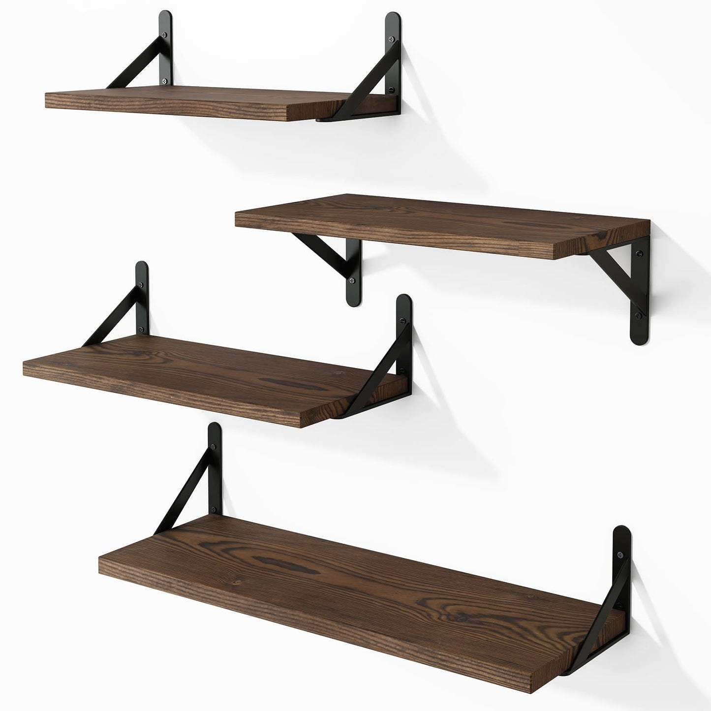 YGEOMER Floating Shelves for Wall, Different Sizes Dark Carbonized Pine Wall Shelves for Living Room, Bathroom, Bedroom, Kitchen, Home Decor (Set of 4)