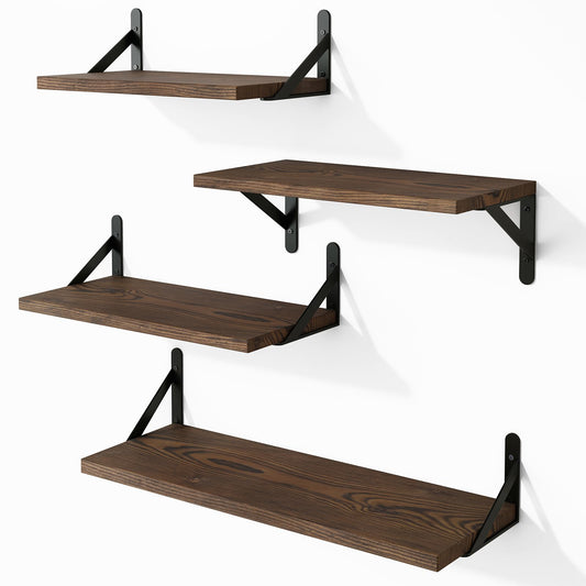 YGEOMER Floating Shelves for Wall, Different Sizes Dark Carbonized Pine Wall Shelves for Living Room, Bathroom, Bedroom, Kitchen, Home Decor (Set of 4)