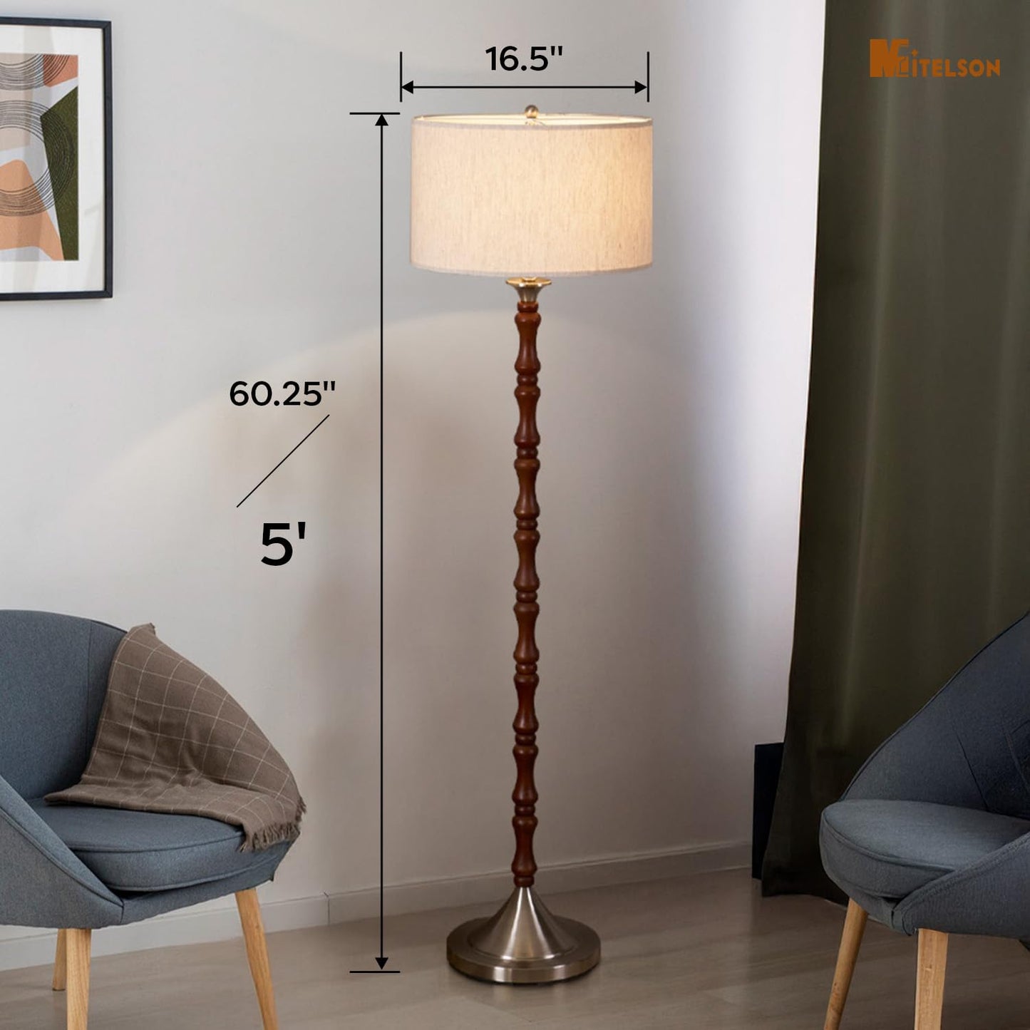 MITELSON Mid Century Floor Lamp with Linen Drum Shade - Dimmable Tall Standing Lamp, Rustic Wooden Retro Lamp for Living Room Bedroom Office Corner, Walnut Brown, Adjustable Stepless Dimming