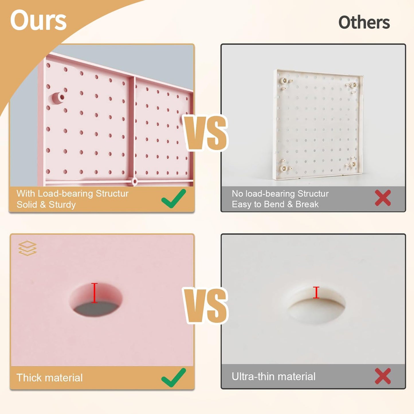FZK Pink Peg Board Wall Organizer, 12" x 12" Modular Plastic Pegboard Display Panels for Office, Bedroom & Home Decor, Wall Mount Storage Kit with Hooks & Shelves (4 Panels)