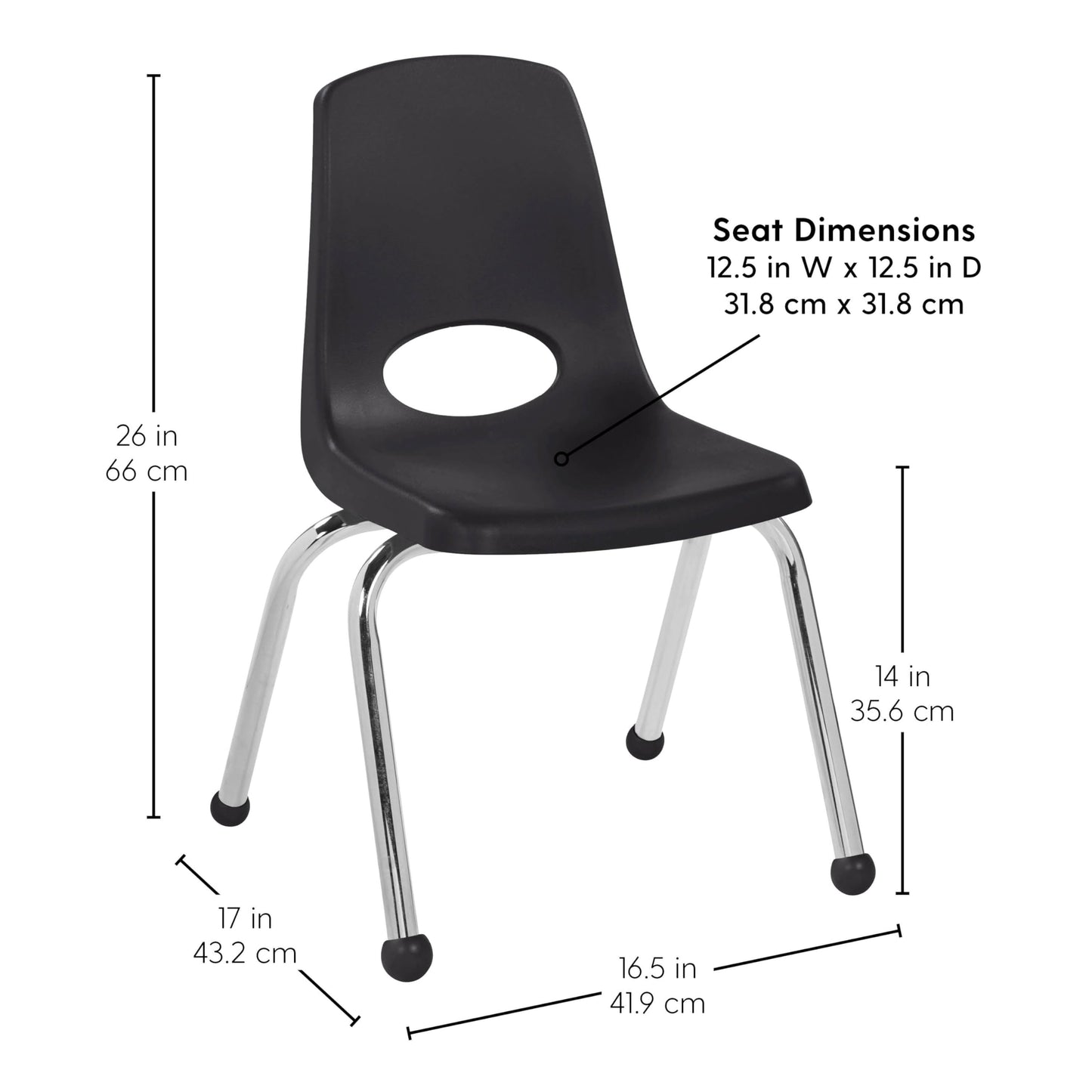 FDP 14" School Stack Chair, Stacking Student Seat with Chromed Steel Legs and Ball Glides for in-Home Learning or Classroom - Black (4-Pack), 10380-BK