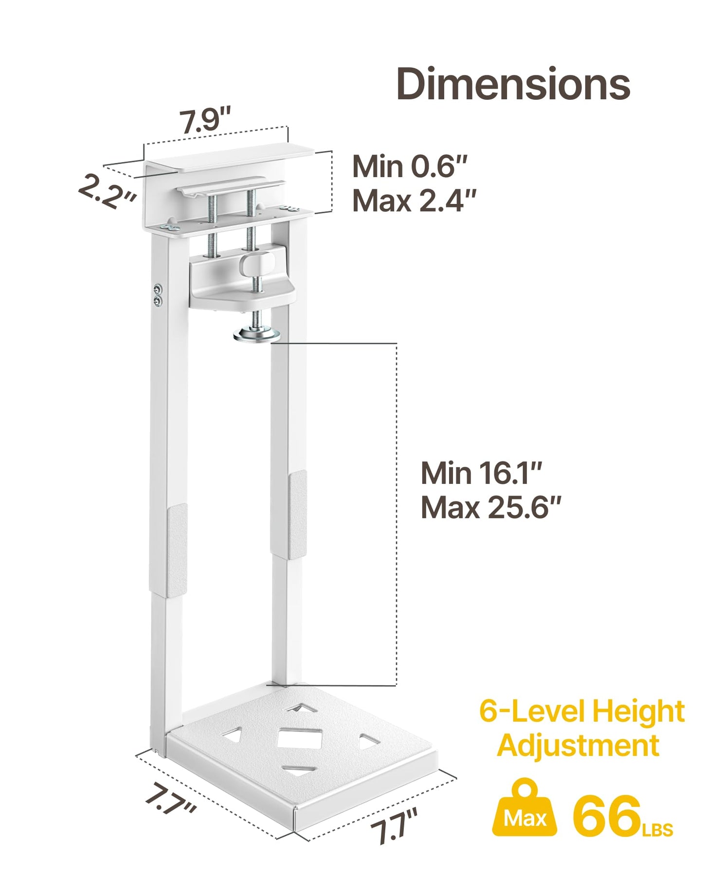 monTEK No Drill CPU Holder, Clamp-On Heavy Duty Steel Mount with Ventilated Cooling Design for Standing Desk & Home Office, Fits Most Cases 16.1"-25.6" H, 66 lbs, White