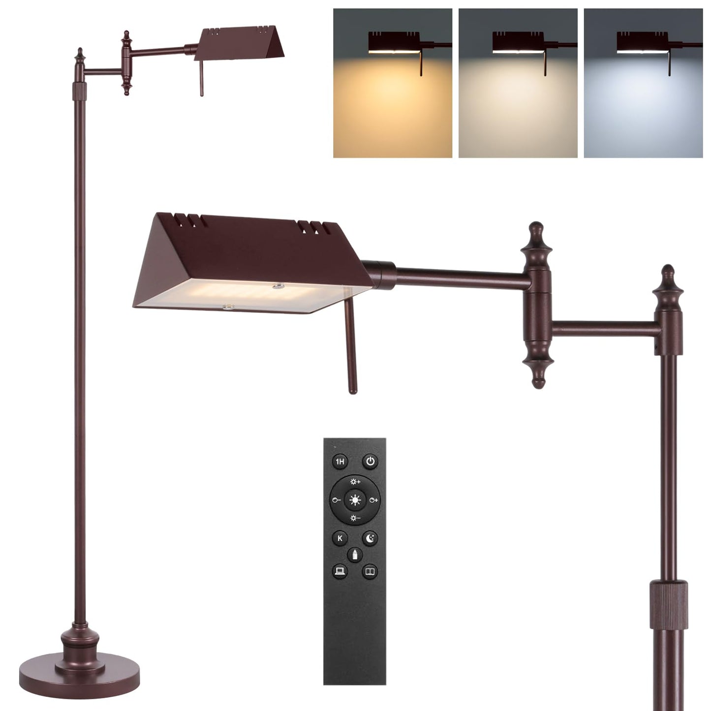 Dimmable Pharmacy Floor Lamp with Remote, 17W LED Reading Floor Lamp with 360°Swing Arm, 3 Color Temperature, Height Adjustable Standing Task Lamp for Living Room, Bedroom, Office, Oil-Rubbed Bronze