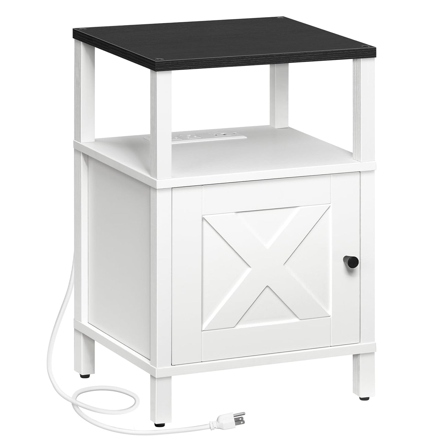 MAHANCRIS Farmhouse Nightstand with Charging Station, Barn Door End Table with USB Ports and Storage Cabinet, Bedside Table for Bedroom, Small Space, White and Black ETBW96E01