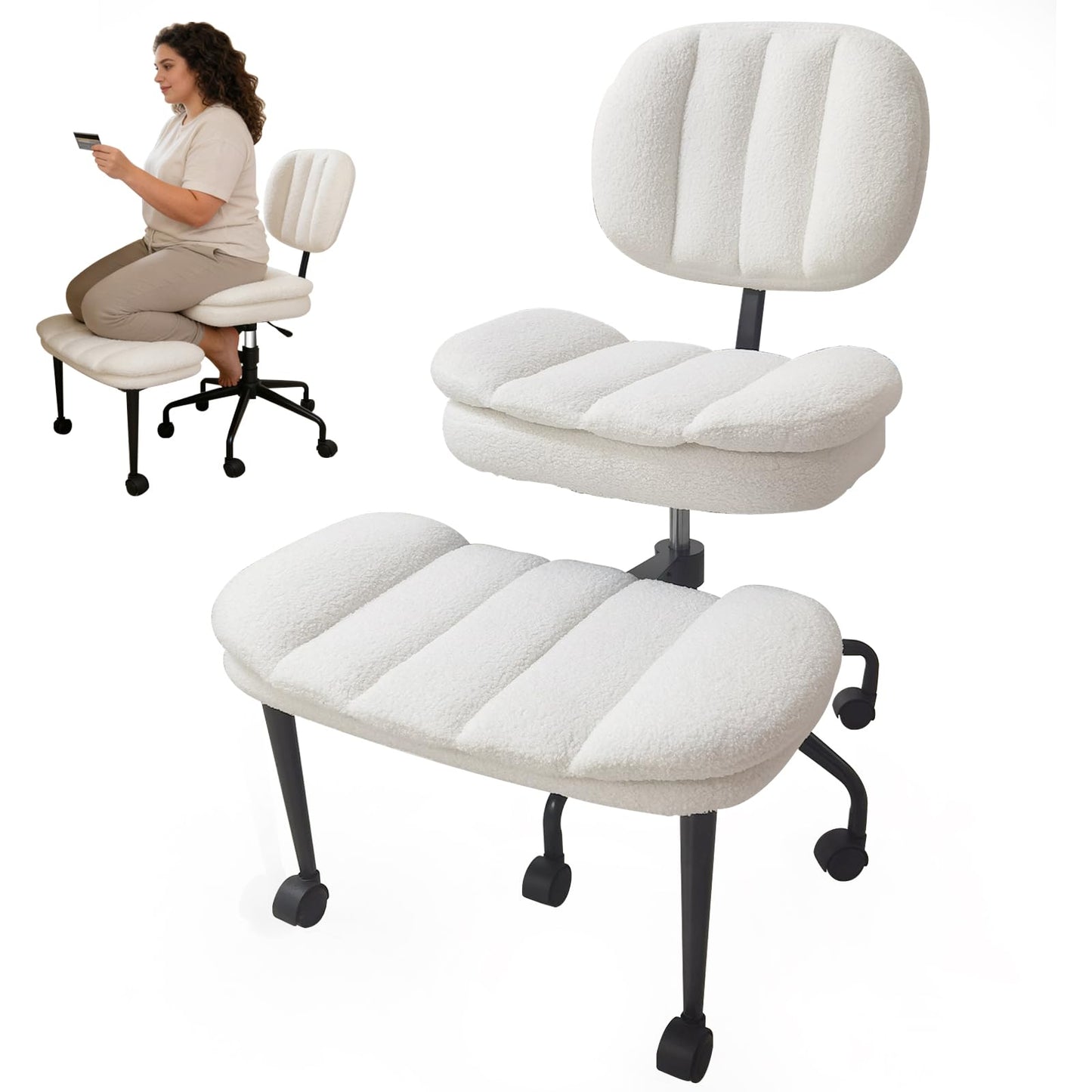 Criss Cross Chair with Footrest, 360° Swivel Faux Shearling Office Chair, Extra Wide Seat with Sofa-Like Comfort, Ergonomic Cross Legged Desk Chair for Cozy Reading, Meditation
