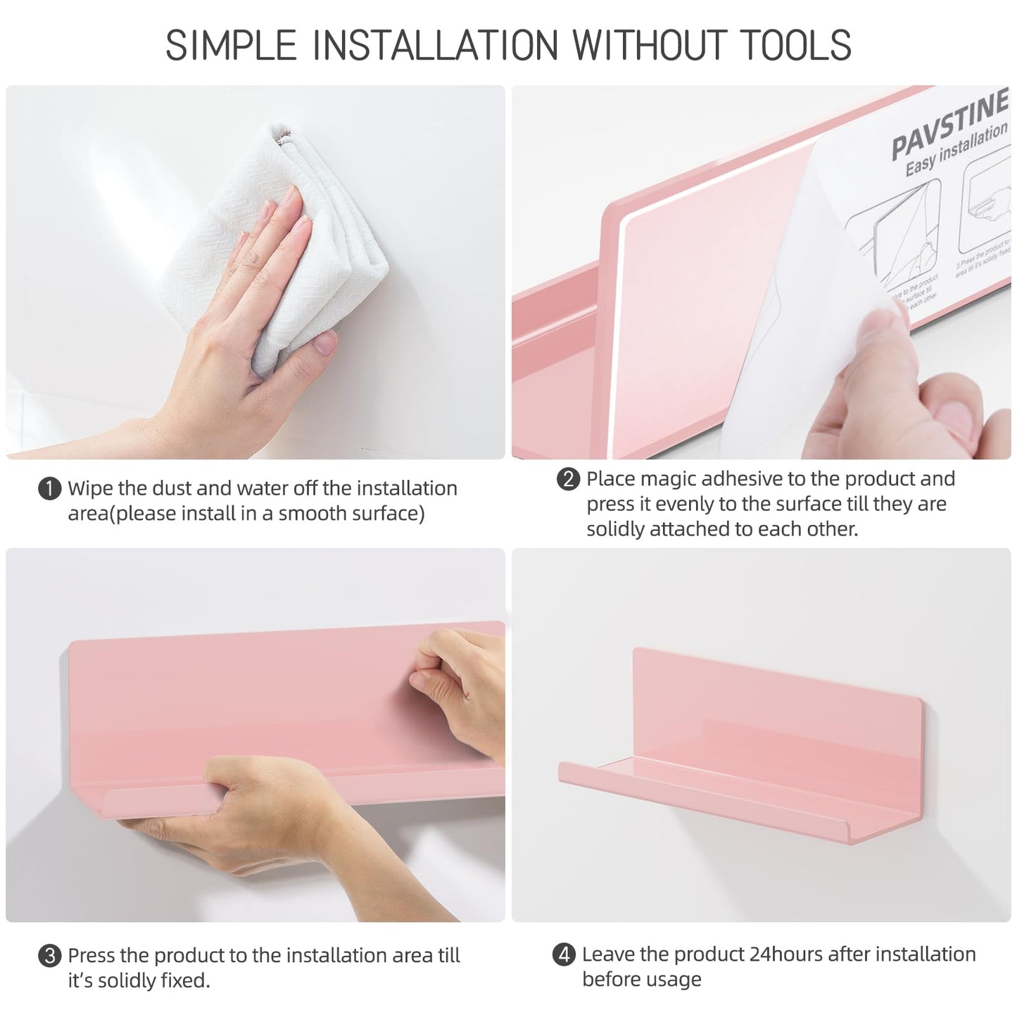PAVSTINE Adhesive Floating Shelves for Wall No Drilling, 12 Inch Acrylic Self Adhesive Shelves, Stick on Shelves, Dorm Wall Shelf, for Bathroom, Kitchen, Bedroom, Office, Gaming Room, Pink