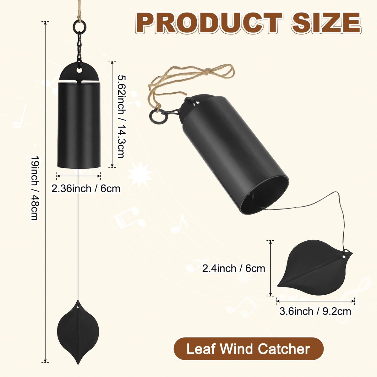 M METERXITY 1 Pack 19 Inch Wind Chimes for Outside, Deep Resonance Serenity Bell, Hanging Cylinder Metal Outdoor Wind Chimes Decor for Patio/Yard/Porch/Garden [Black]