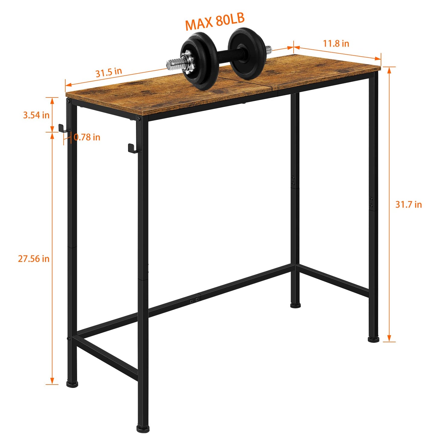 BTY Narrow Console Table Small Entryway Table Industrial Couch Table Behind Sofa Table Hallway Table with Hooks for Living Room Foyer Bedroom Corridor Office Rustic Brown