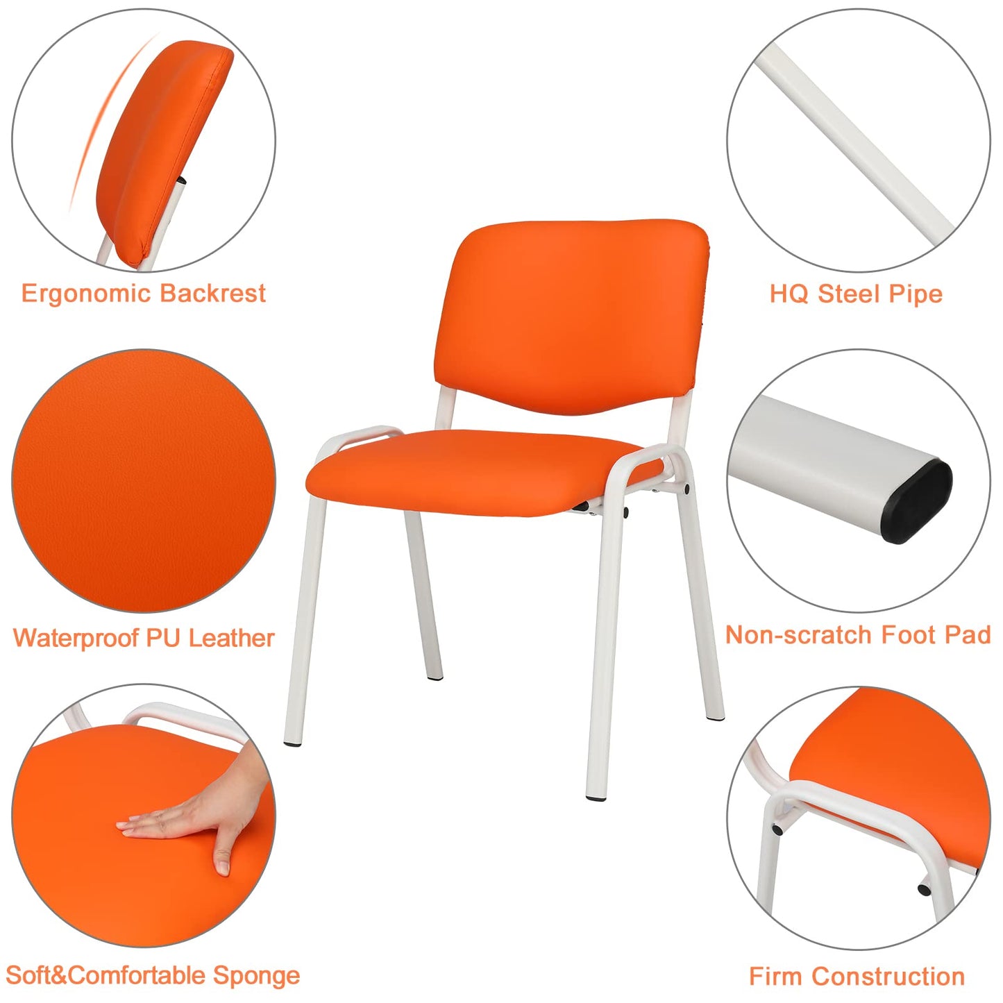 VINGLI Orange Waiting Room Chairs, 5-Pack PU Church Chairs Conference Stackable Office Guest & Reception Stacking for Meeting,Office Lobby, Simple&Space-saving Pu-orange