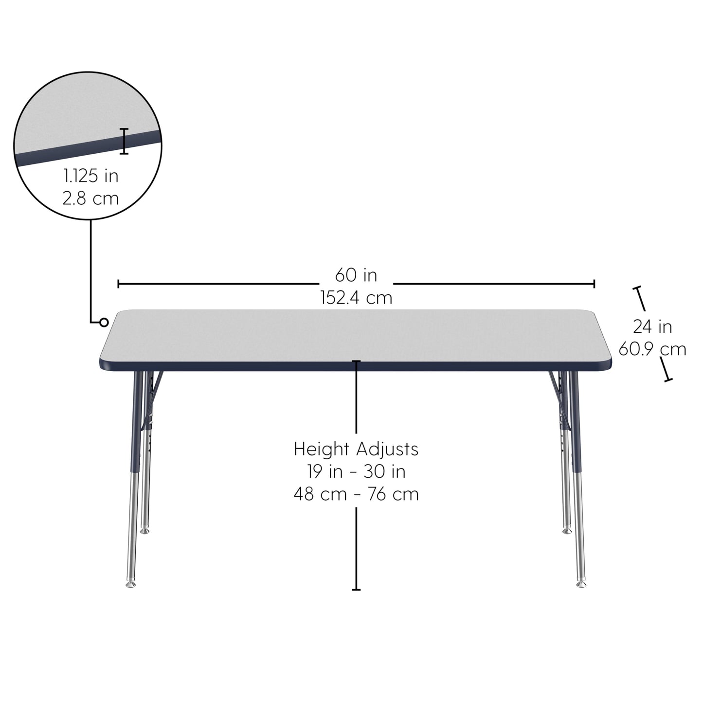 FDP Rectangle Activity School and Office Table (24 x 60 inch), Standard Legs with Swivel Glides, Adjustable Height 19-30 inches - Gray Top and Navy Edge