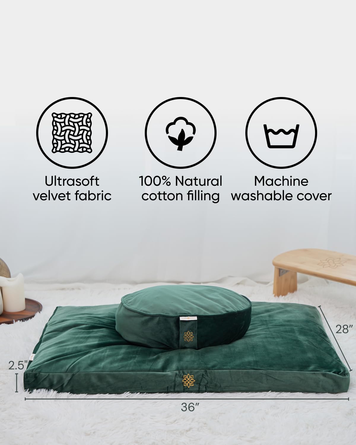 Mindful Modern Velvet Zabuton Meditation Mat - Luxurious Meditation Cushion Pillow with 100% Cotton Filling - Enjoy Better Posture and Greater Comfort for Zafu or Bench (Emerald Green)