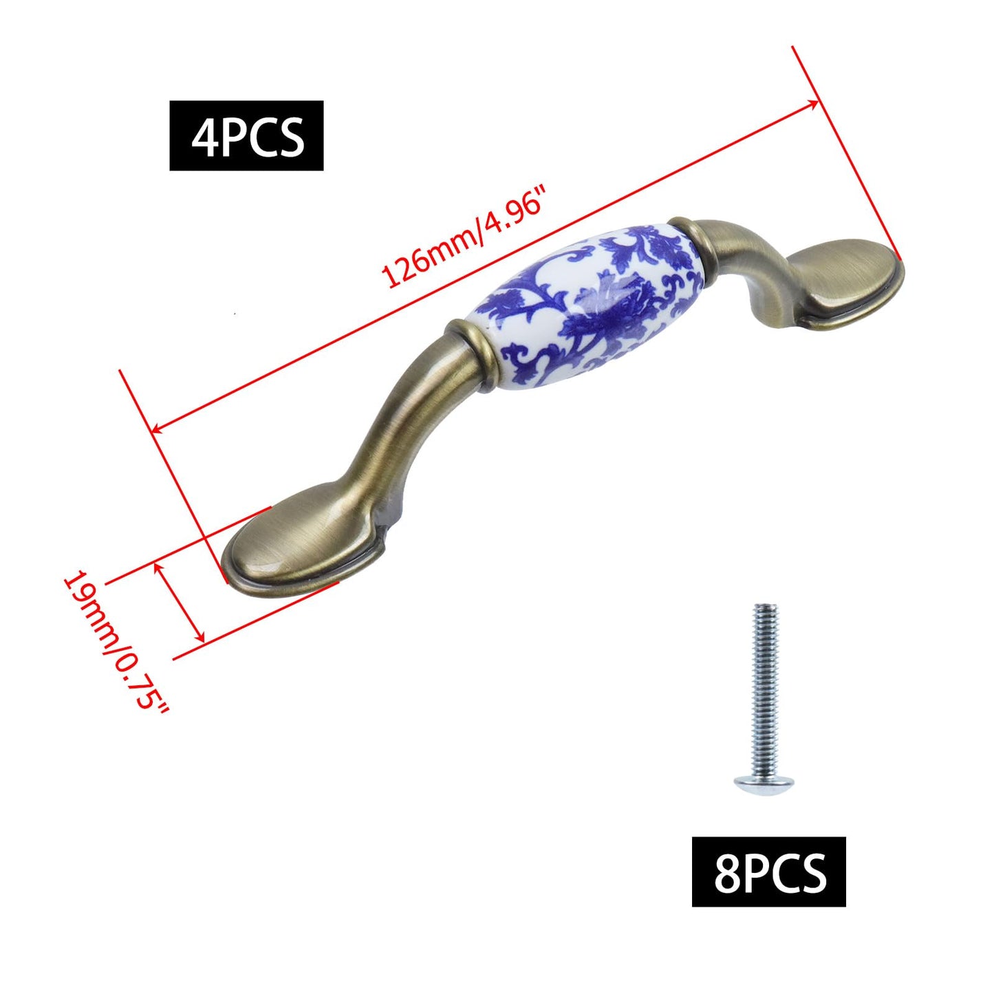 MY MIRONEY Drawer Pull Ceramic and Zinc Alloy Cabinet Handles 3" Hole Center Classical Handle 4 PCS with Screws for Drawers, Kitchen Cabinets, Cloakroom Doors and Other Furniture