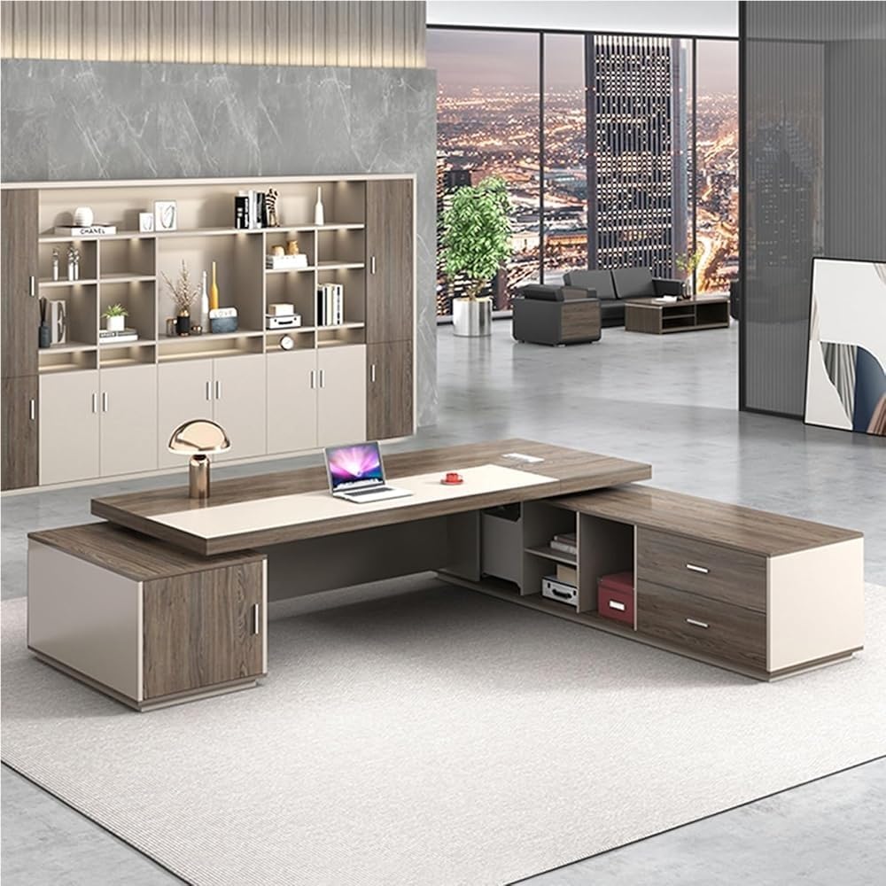 Modern L Shaped Executive Computer Desk Office Table with Storage Cabinet Drawers Workstation Business Furniture for Home Office CEO Boss Manager(2600mm)