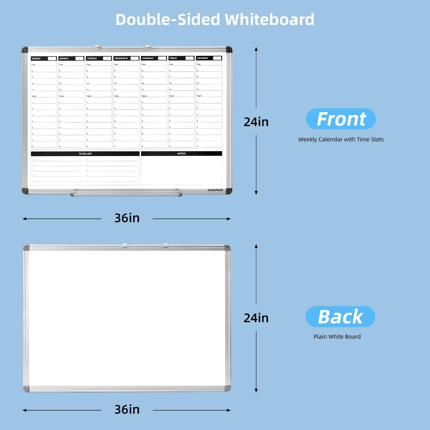 KODAPAGE Large Weekly Dry Erase Board, Weekly Planner whiteboard with Hourly time Slots, Whiteboard Weekly Calendar for Schedule for wall 36" X 24" Double-Sided for Office, Home and School