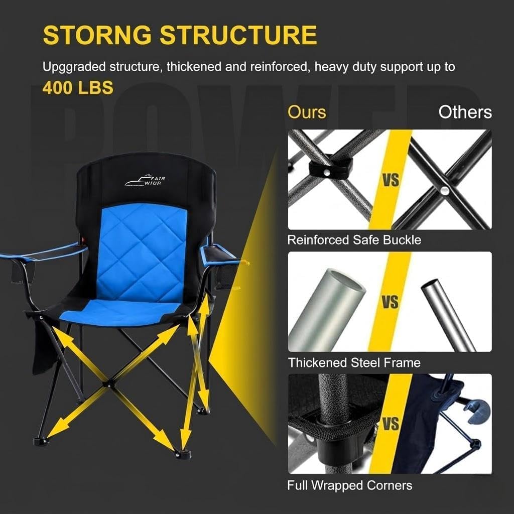 FAIR WIND Camping Chair 2 Pack 400 LBS Capacity Fully Padded Portable Chair with Side Pocket & Cup Holder, Heavy Duty Lawn Chair for Outside, Tailgating,Beach, Sports