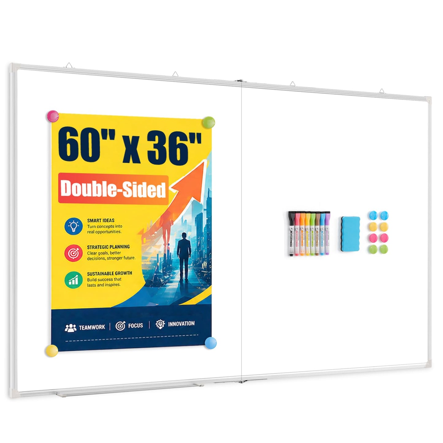 AMUSIGHT 60" x 36" Double-Sided Large White Board, Foldable Magnetic Whiteboard Dry Erase Portable Wall Hanging Whiteboards for Home, School, Office