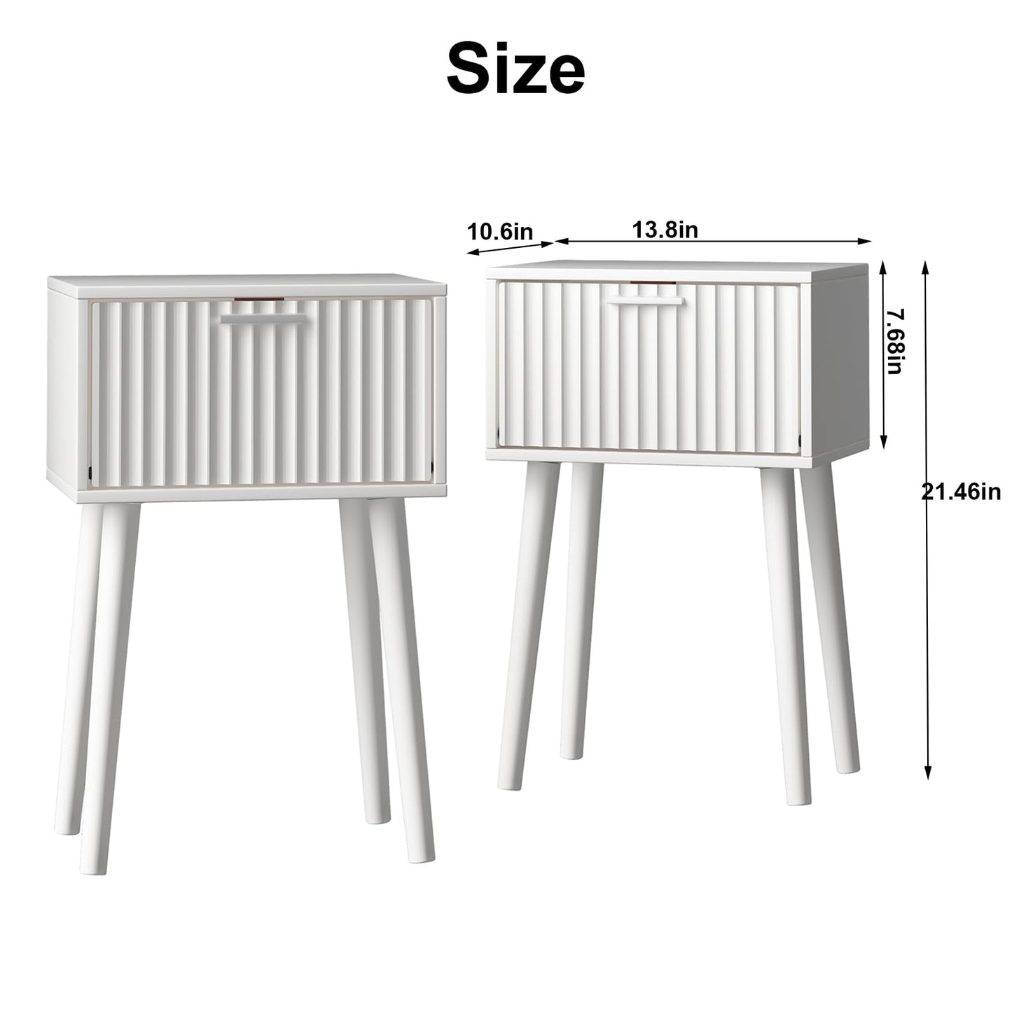LAATOOREE Nightstands Set of 2, Small Side Table, Bedside Table with Fluted Door, Solid Wood Feet; Modern Mid-Century End Table for Bedroom, Small Space (White)