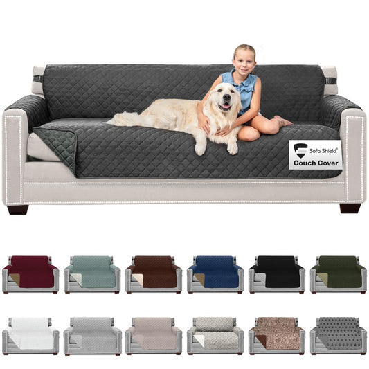 Sofa Shield® Couch Slip Covers for Dogs, Reversible Furniture Protector with Strap, Stain and Tear Resistant Cushion Cover, 78 inch Seat, Machine Washable Slipcover Dog Pets Cats, Charcoal