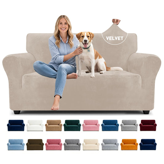 YEMYHOM Real Velvet Couch Covers for 2 Cushion Couch High Stretch 1 Piece Loveseat Slipcover for Pets Dogs Anti Slip Love Seat Sofa Slipcover Furniture Protector (55"-69", Khaki)