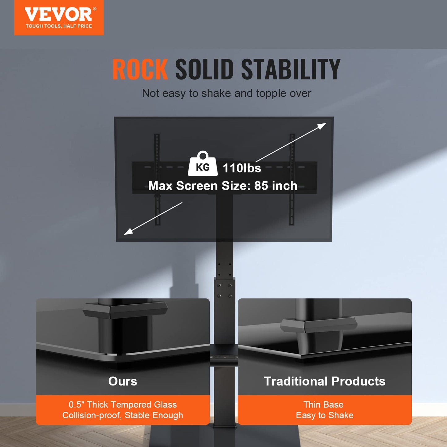 VEVOR Swivel TV Stand Mount, Adjustable Floor Stand for 32-85 Inch TVs, Holds Up to 110lbs, Height Adjustable with Tempered Glass Base, Max VESA 400x800mm for Living Room or Bedroom