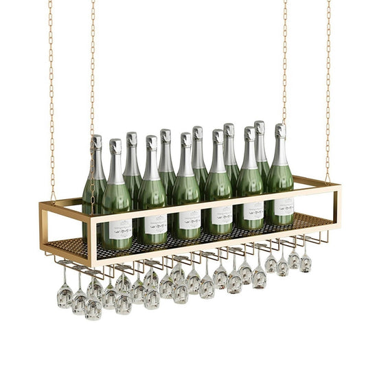 MSHOSAC Vintage Hanging Wine Glass and Bottle Holder Shelf for Bar Restaurant Cafe Metal Stand with Floating Storage Shelves Wall Mounted Shelving (60x25x20cm)