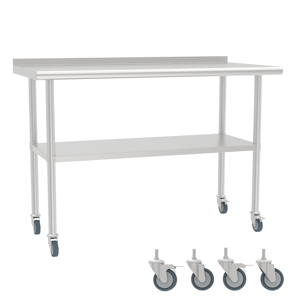 STEELBUS Stainless Steel Work Table with Back Panel,Undershelf and Casters,Commercial Prep Table for Kitchen, Restaurant,Garage,Workshop,NSF Certified,Durable,Scratch & Rust Resistant
