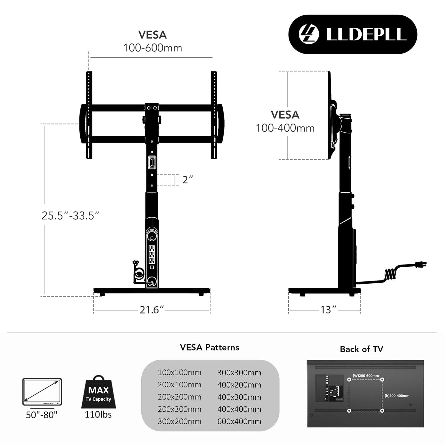 LLDEPLL Universal TV Stand Tabletop TV Mount with Power Outlet for 50-90 Inch OLED LED Monitors, 9 Levels Height Adjustment, Ambient Lighting on The Bottom Holds up to 150lbs, White Max Vesa 600x400mm