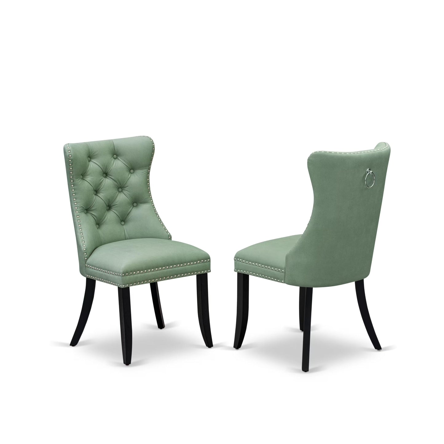 East West Furniture DAP6F22 Dallas Parson Dining Room Chairs - Button Tufted Nailhead Willow Green Polyester Fabric Padded Chairs, Set of 2, Wirebrushed Black